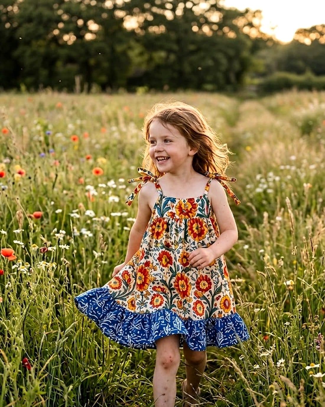 A child running through a wildflower meadow in a Genki Kids tiered sundress, blockprinted in sunflower yellow over a blue floral hem